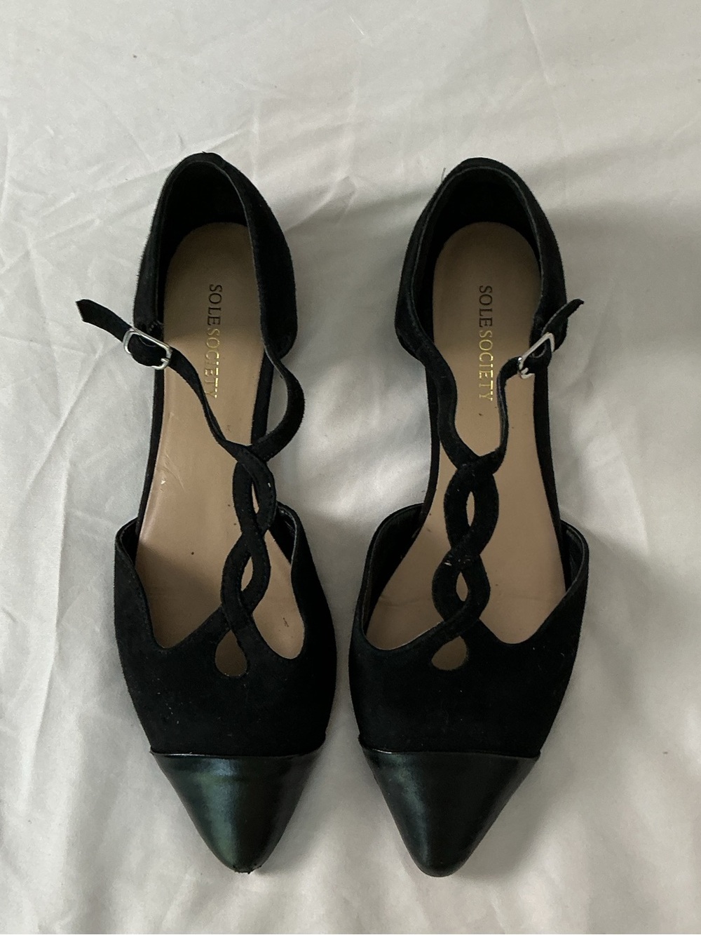 Sole Society Black Cap Toe Braided T-Strap Pointed Flats 8